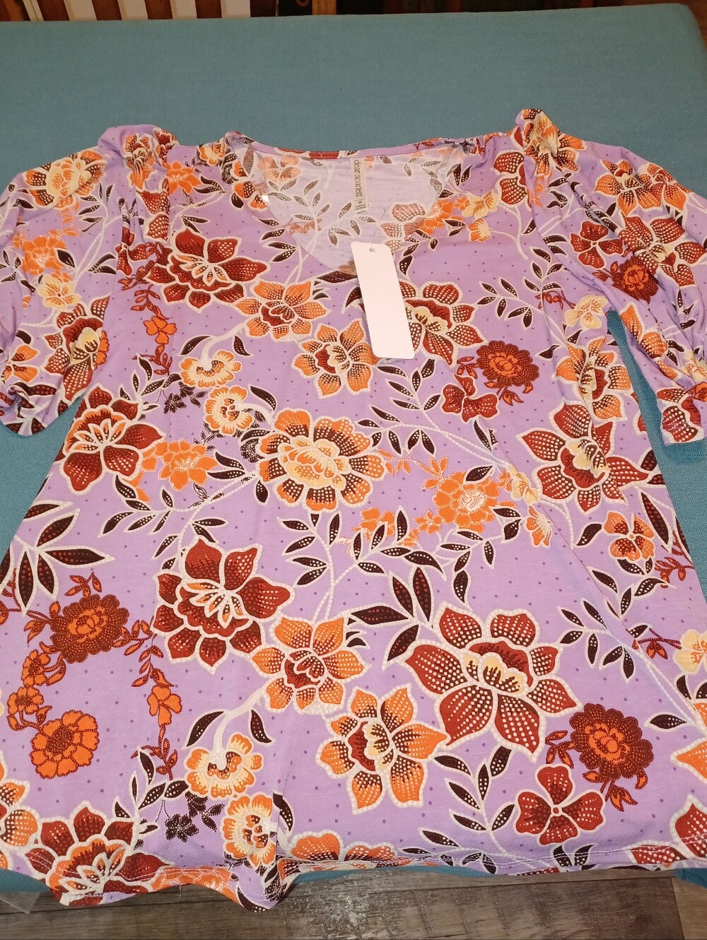 Lavender Floral Puff-Sleeve Blouse with Orange Accents
